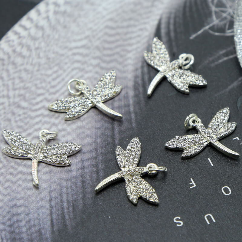 Dragonfly w/Rhinestones Silver Plated Charm