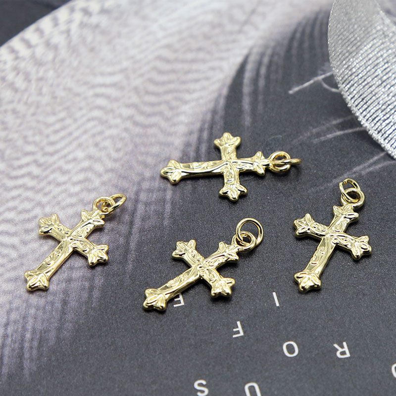 Cross With Flower 14K Real Gold Plated Charm