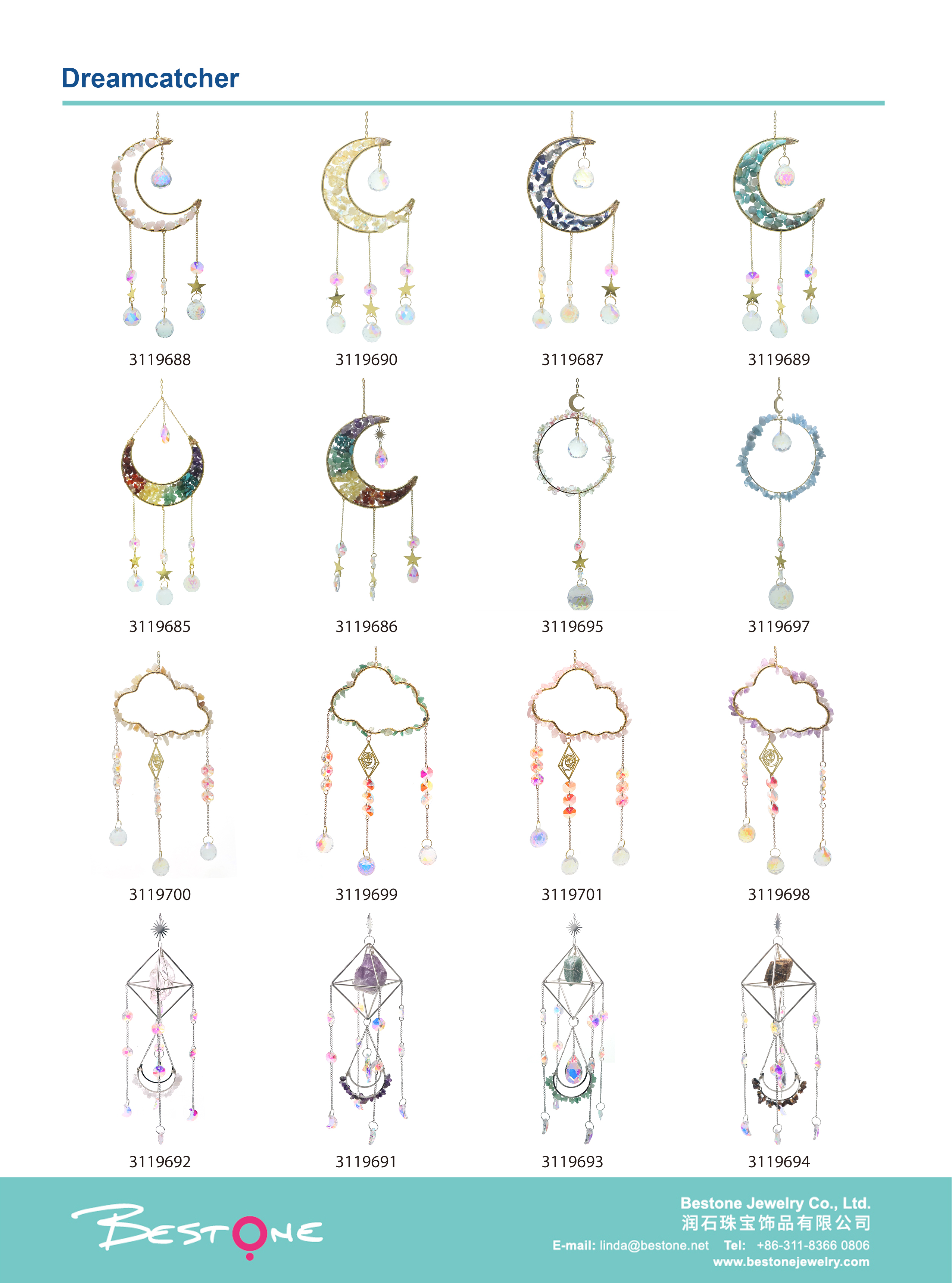 Crystal Suncatcher-Chakra Moon-Horizontal-Gold Plated-Total Length 45cm