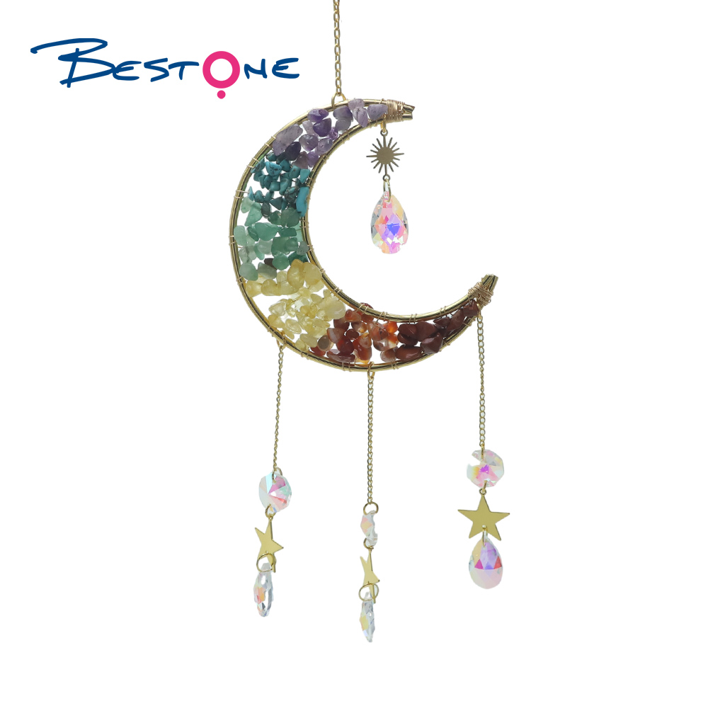 Crystal Suncatcher-Chakra Moon-Vertical-Gold Plated-Total Length 45cm