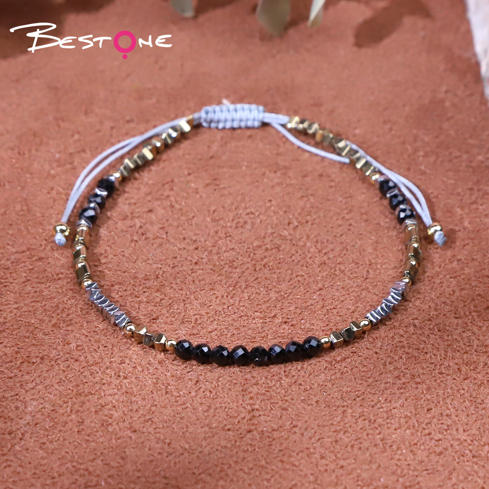 Bracelet - Black tip - faceted bead -3mm+ Hemitite - square - Gold -2*3mm+ Hemitite - square - Silver -2*1mm+ Hemitite - Triangle bead -3*3mm- Draw rope