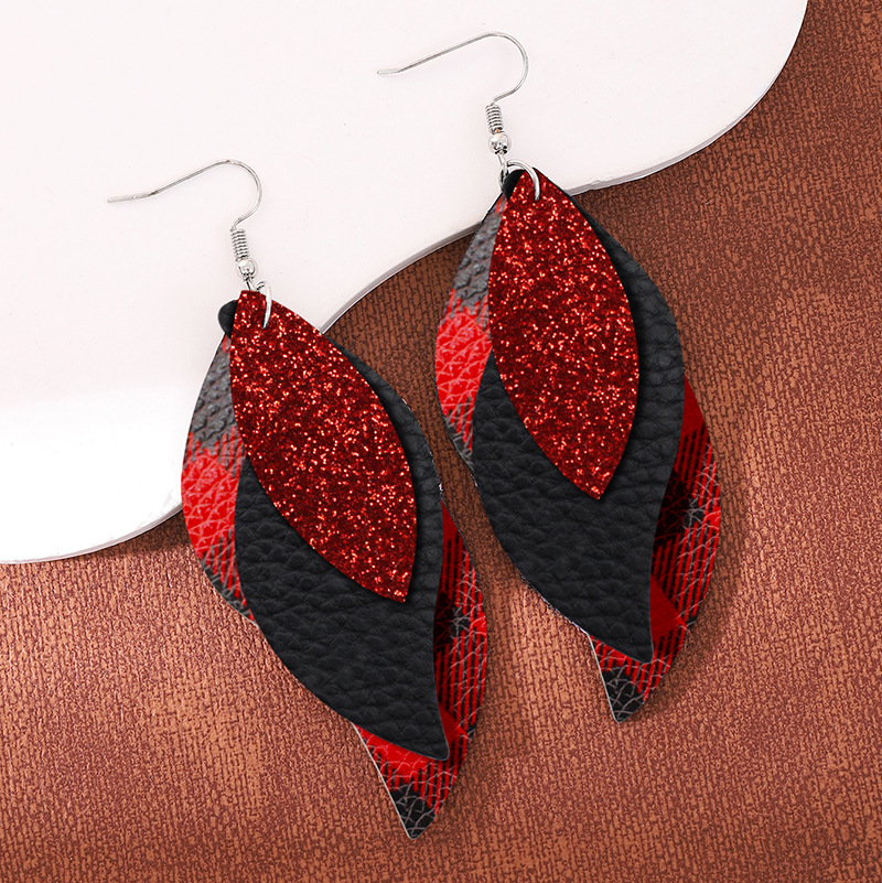 Bestone Hot Colorful Mardi Gras Carnival Leaf Shape Leather Dangle Earrings Layered Shining Mardi Gras Theme Teardrop Earrings
