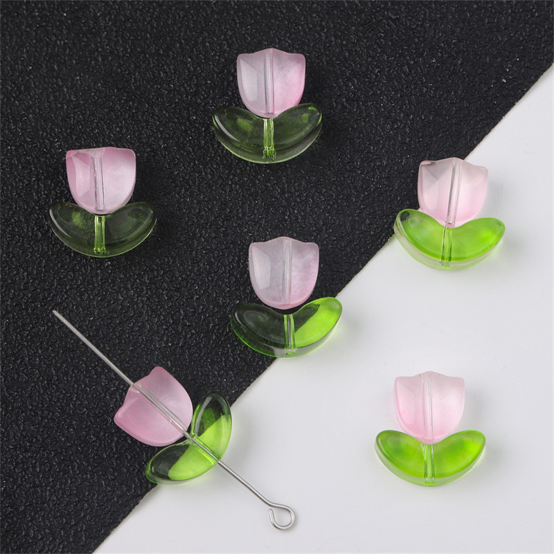 Glass Bead Set - Pink Tulip Flower with Green Leaf - 9x5x5.5mm Flower + 14x7x5mm Leaf - 0.8mm Hole - 10 Sets Per Pack