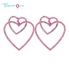Earring Heart Fushia with Rhinestones 45x50mm