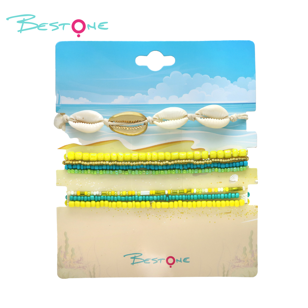 Bracelet Set with Rice Beads and Imitation Shell Starfish Pendant - Green