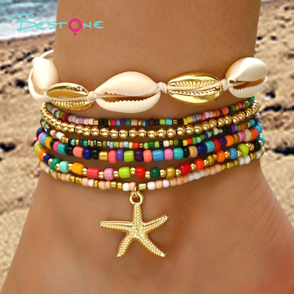 7-Piece Anklet Set Colorful Series Micro Beads Alloy Starfish Pendant 22x22mm White Shell Bracelet with Gold Alloy Shells