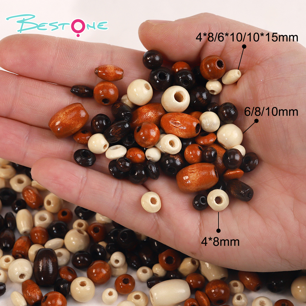 Bestone Mixed Natural Wooden Beads Set – 220 Pieces (Round Beads, Rice Beads, Abacus Beads) – 48g