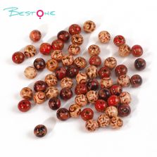 Bestone Wholesale Low Price Mixed atterns 60Pcs 10mm Art print brown painted wood bead for crafts