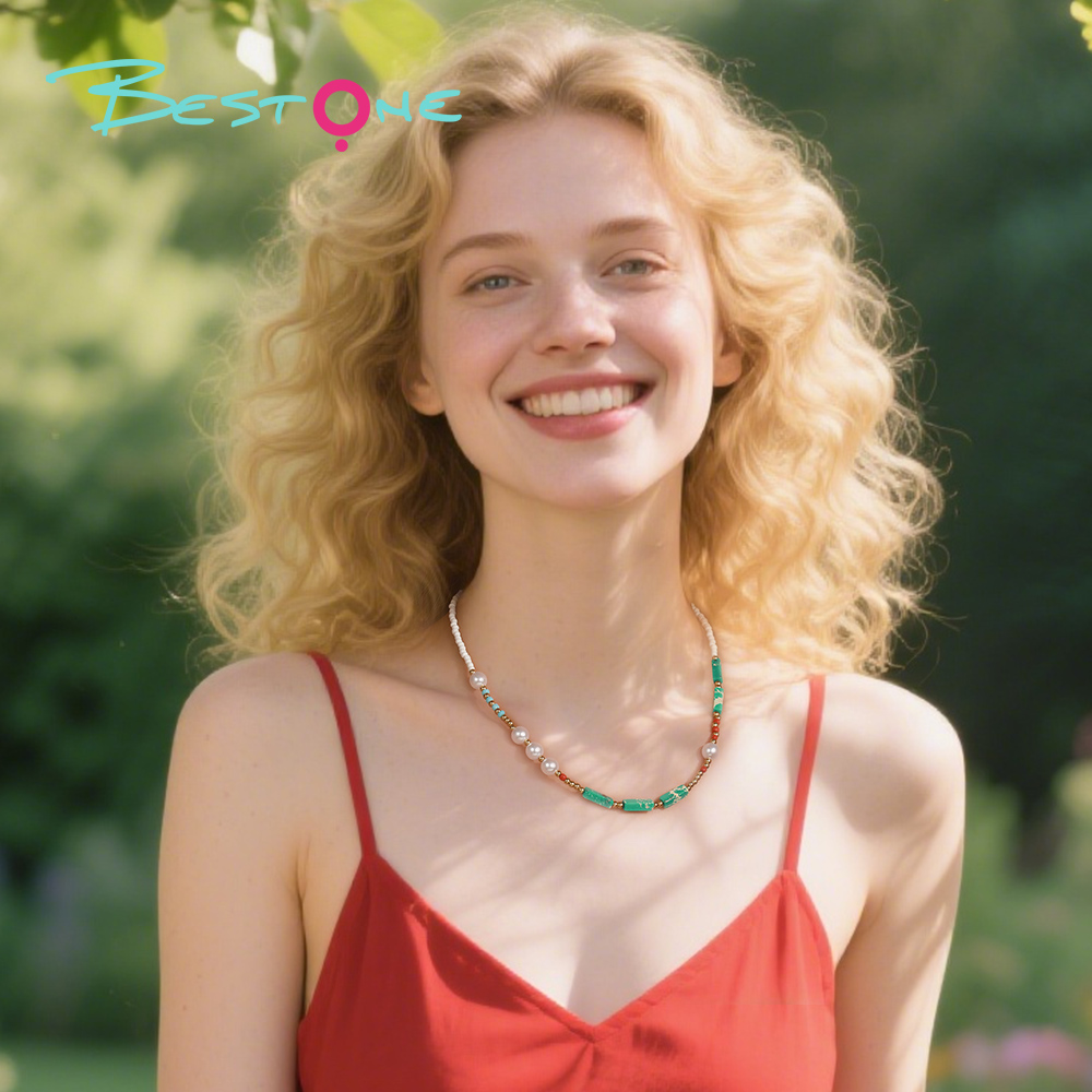 Boho Gem Bead Necklace – 16 inches