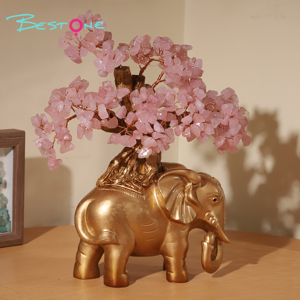 Gemstone Trees with Elephant Resin Base – 26×22cm