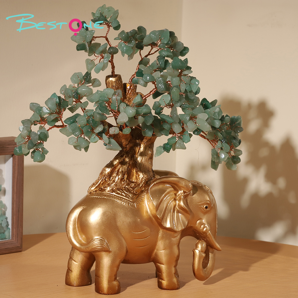 Gemstone Trees with Elephant Resin Base – 26×22cm