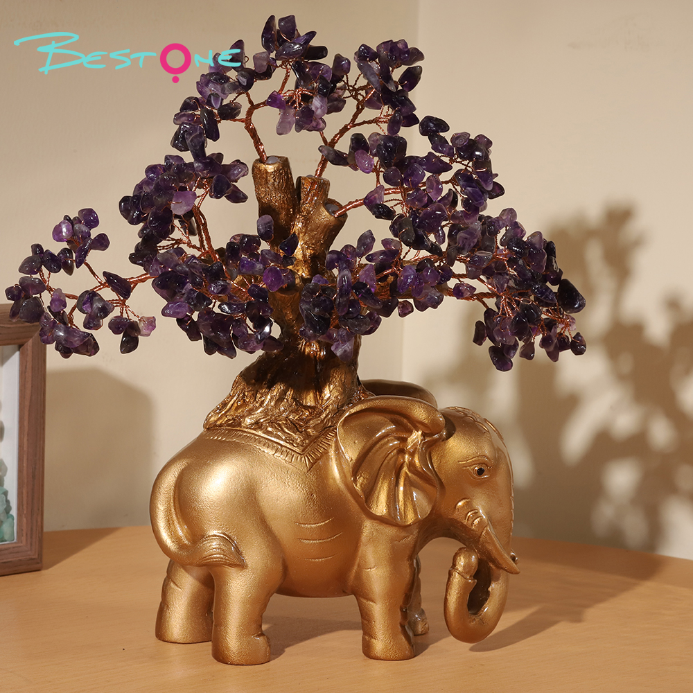 Gemstone Trees with Elephant Resin Base – 26×22cm