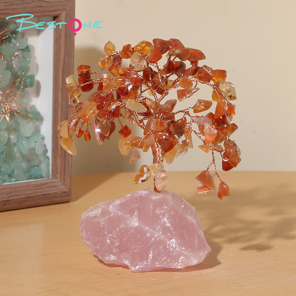 Gemstone Trees on Rose Quartz Base – 14×11cm