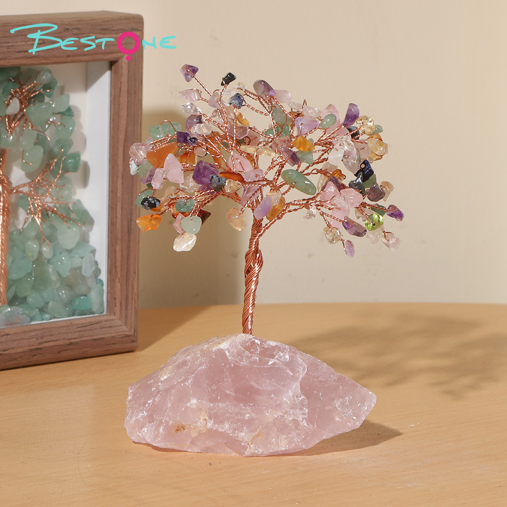 Gemstone Trees on Rose Quartz Base – 14×11cm