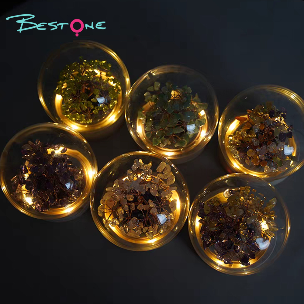 Gemstone Trees in Round Glass Dome – 14×14cm