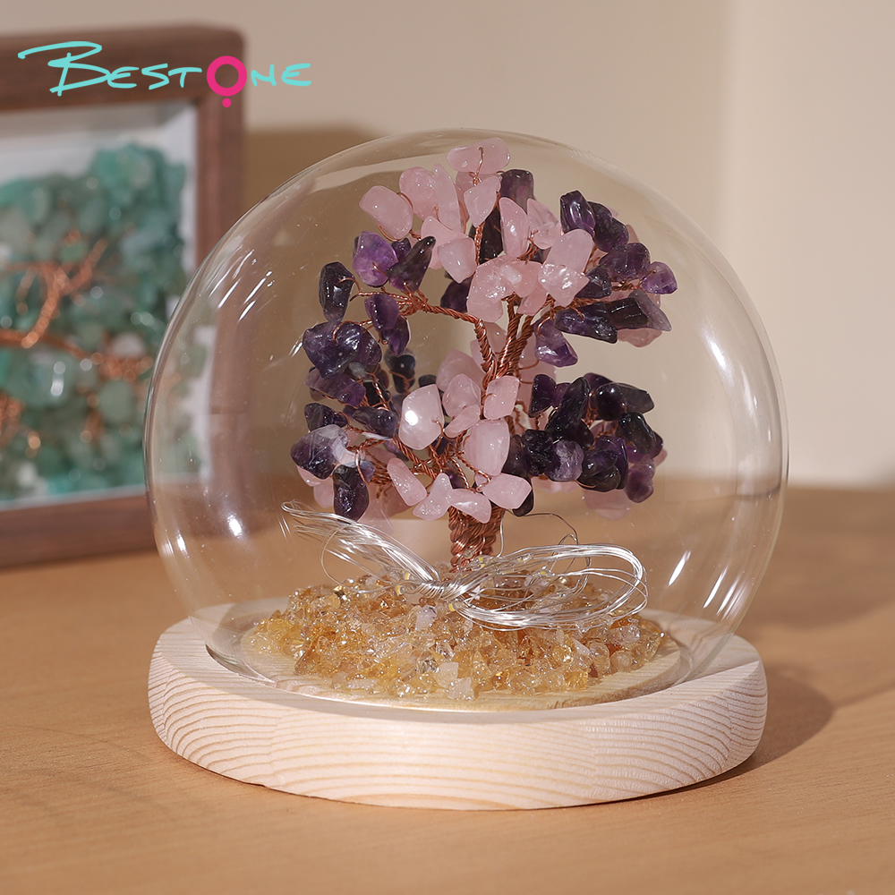 Gemstone Trees in Round Glass Dome – 14×14cm