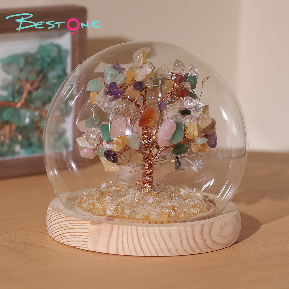 Gemstone Trees in Round Glass Dome – 14×14cm