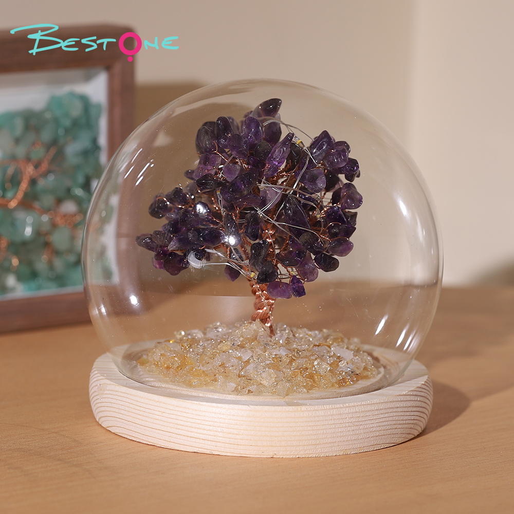 Gemstone Trees in Round Glass Dome – 14×14cm