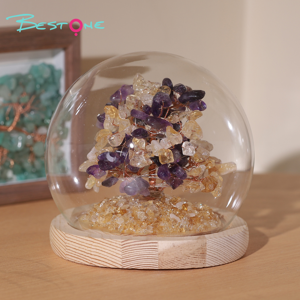 Gemstone Trees in Round Glass Dome – 14×14cm