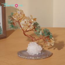Dual-Crystal Gemstone Trees on Agate Slice with Clear Quartz Tribe Base – 12×10cm
