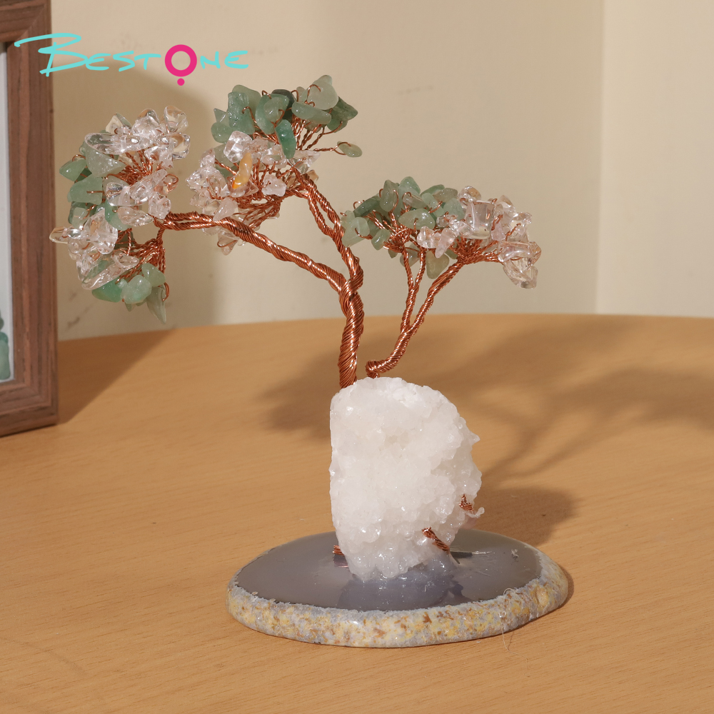 Dual-Crystal Gemstone Trees on Agate Slice with Clear Quartz Tribe Base – 12×10cm