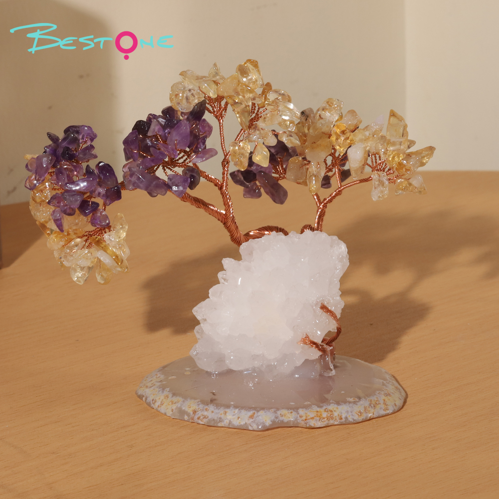 Dual-Crystal Gemstone Trees on Agate Slice with Clear Quartz Tribe Base – 12×10cm
