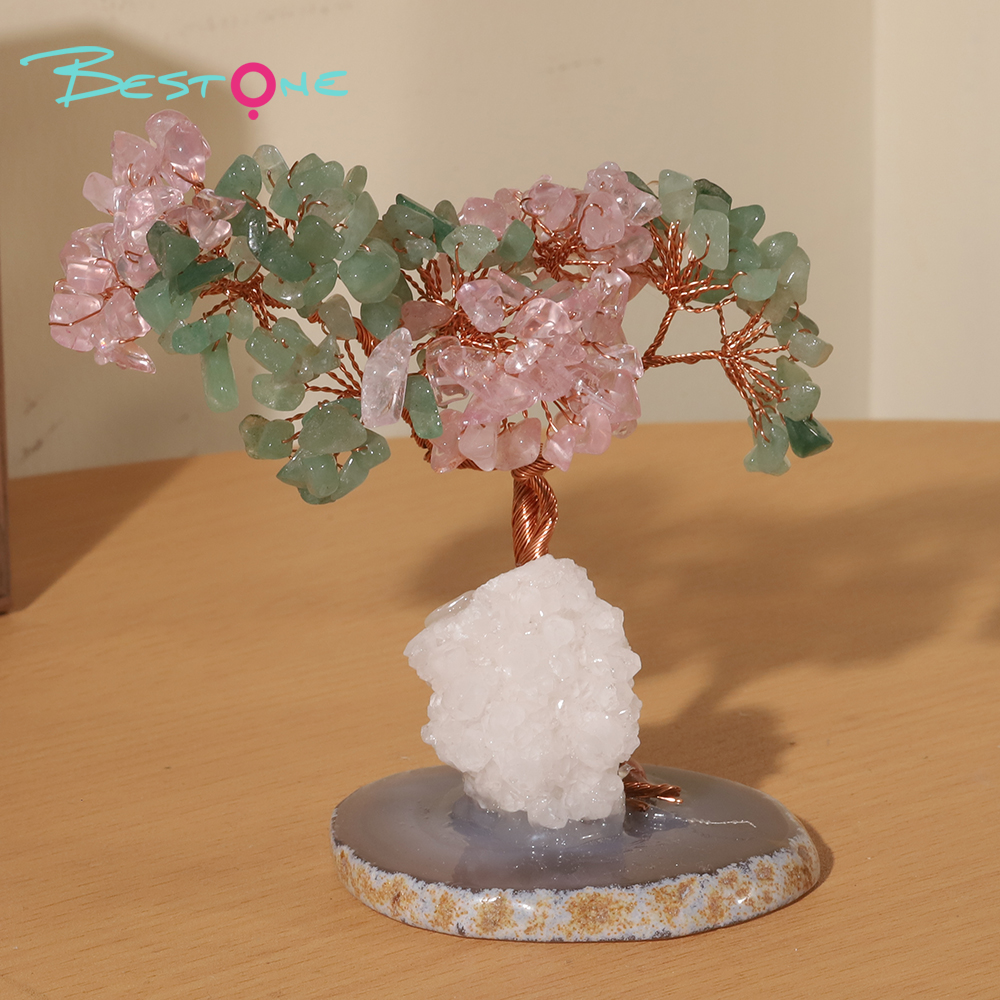 Dual-Crystal Gemstone Trees on Agate Slice with Clear Quartz Tribe Base – 12×10cm