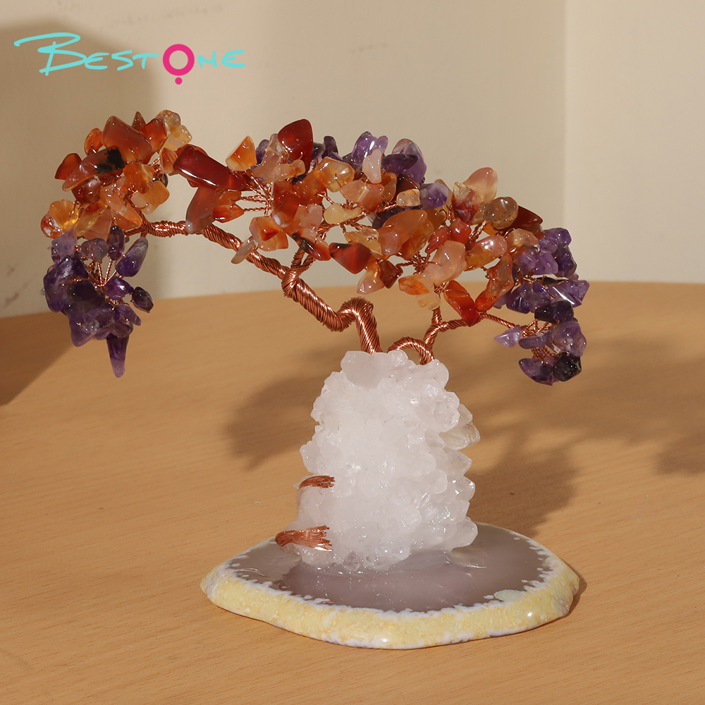 Dual-Crystal Gemstone Trees on Agate Slice with Clear Quartz Tribe Base – 12×10cm