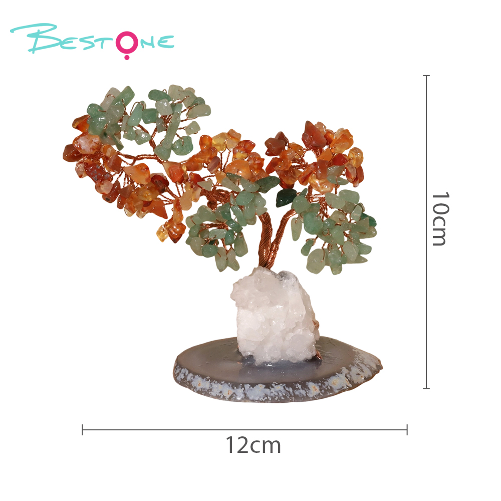 Dual-Crystal Gemstone Trees on Agate Slice with Clear Quartz Tribe Base – 12×10cm
