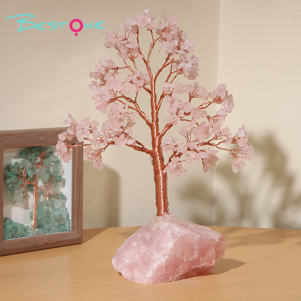 Gemstone Trees on Rose Quartz Block Base – 22×10cm & 11×10cm