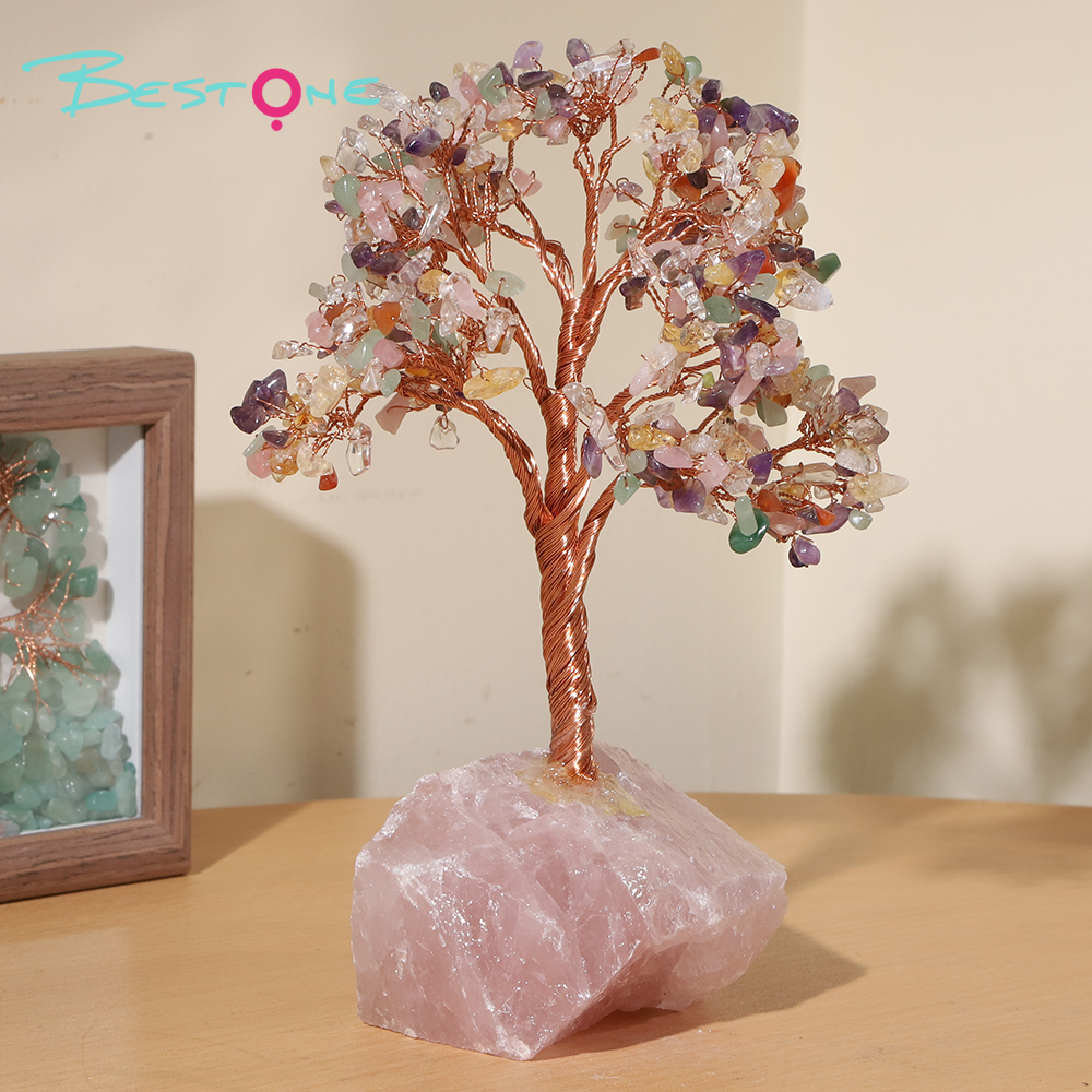 Gemstone Trees on Rose Quartz Block Base – 22×10cm & 11×10cm