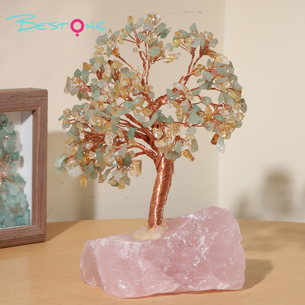 Gemstone Trees on Rose Quartz Block Base – 22×10cm & 11×10cm