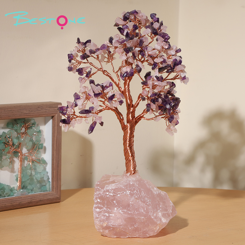 Gemstone Trees on Rose Quartz Block Base – 22×10cm & 11×10cm