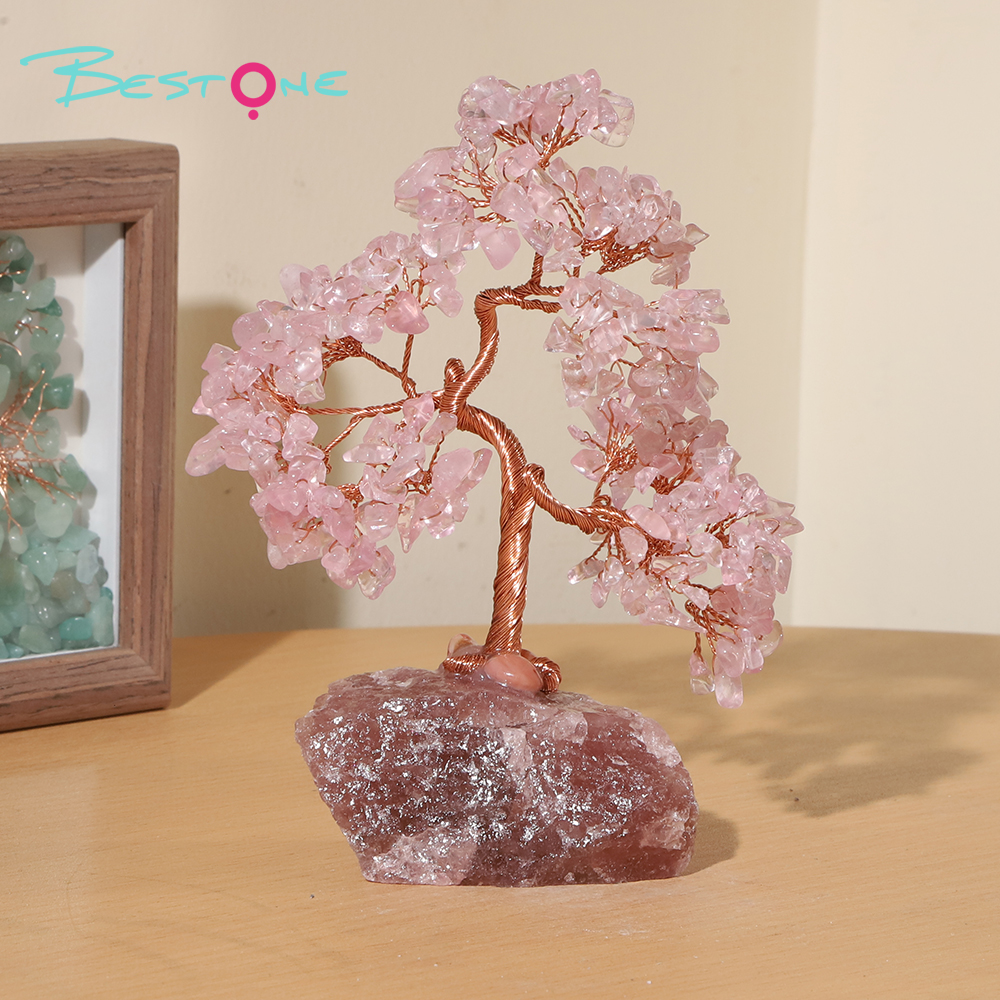 Gemstone Trees on Strawberry Quartz Base – 14×10cm