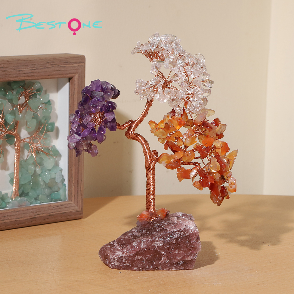Gemstone Trees on Strawberry Quartz Base – 14×10cm