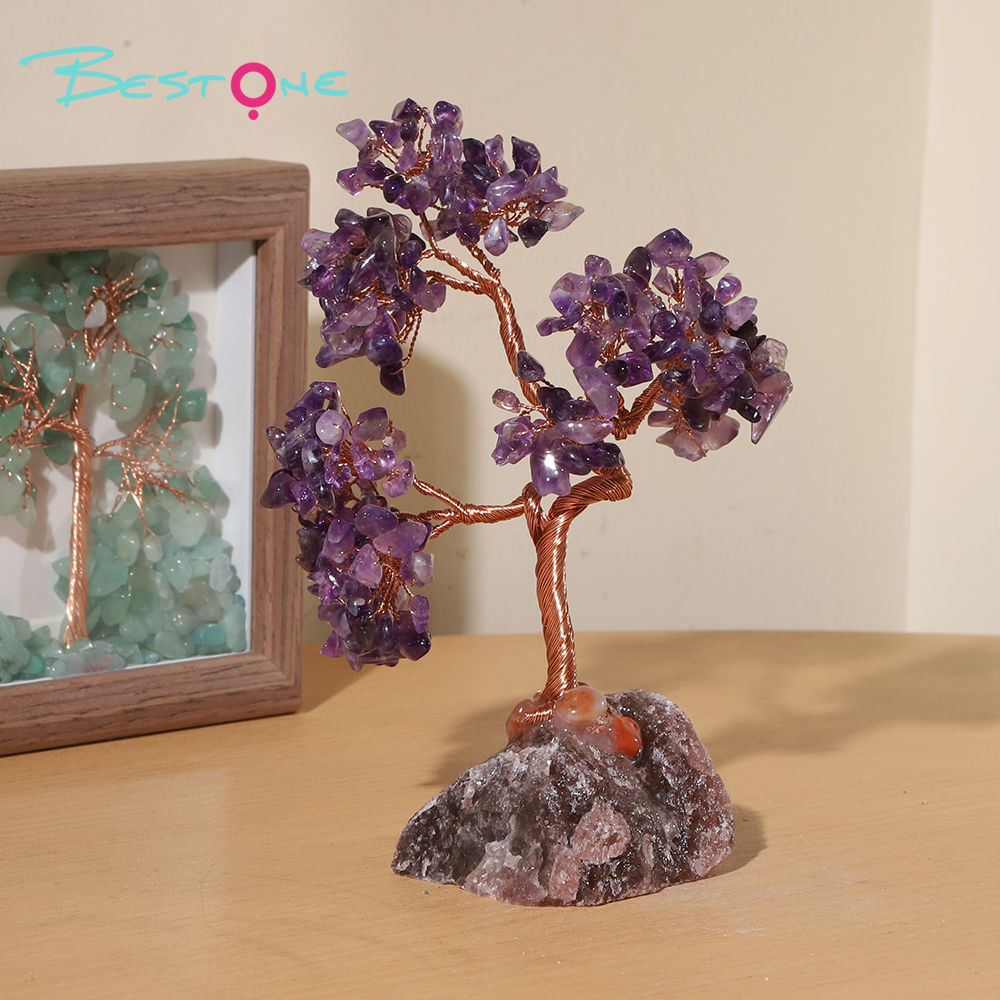 Gemstone Trees on Strawberry Quartz Base – 14×10cm