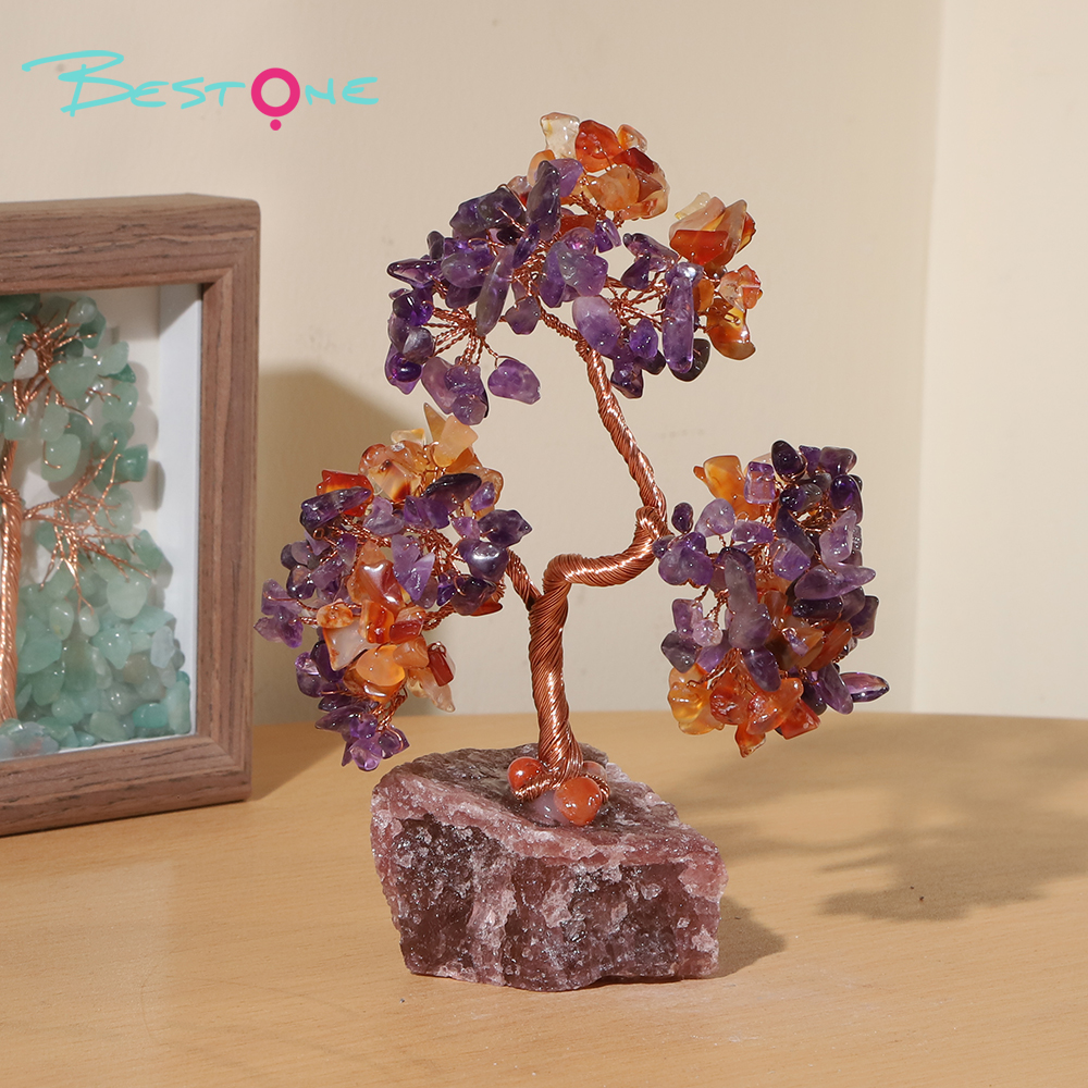 Gemstone Trees on Strawberry Quartz Base – 14×10cm