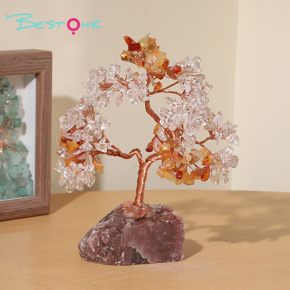 Gemstone Trees on Strawberry Quartz Base – 14×10cm
