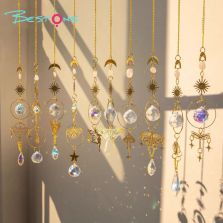 Boho Brass Wind Chime Pendant Dreamcatcher – Moon, Sun & Butterfly Design with Rose Quartz and Crystal Drops 36–46cm