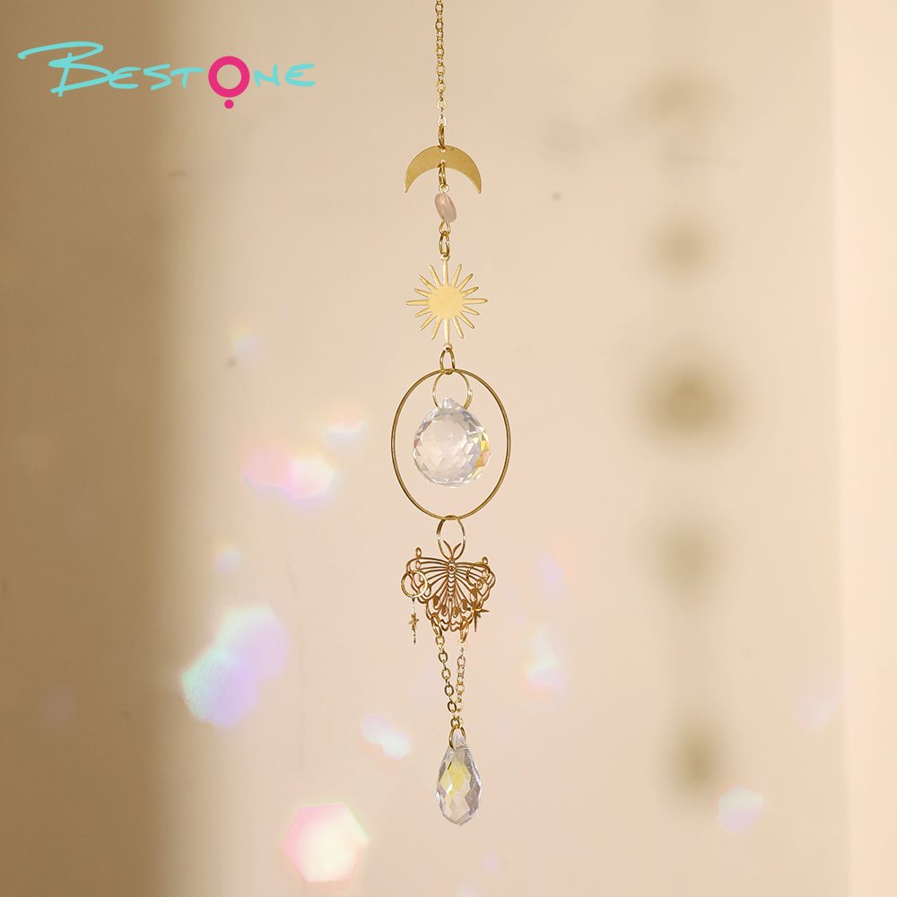 Boho Brass Wind Chime Pendant Dreamcatcher – Moon, Sun & Butterfly Design with Rose Quartz and Crystal Drops 36–46cm