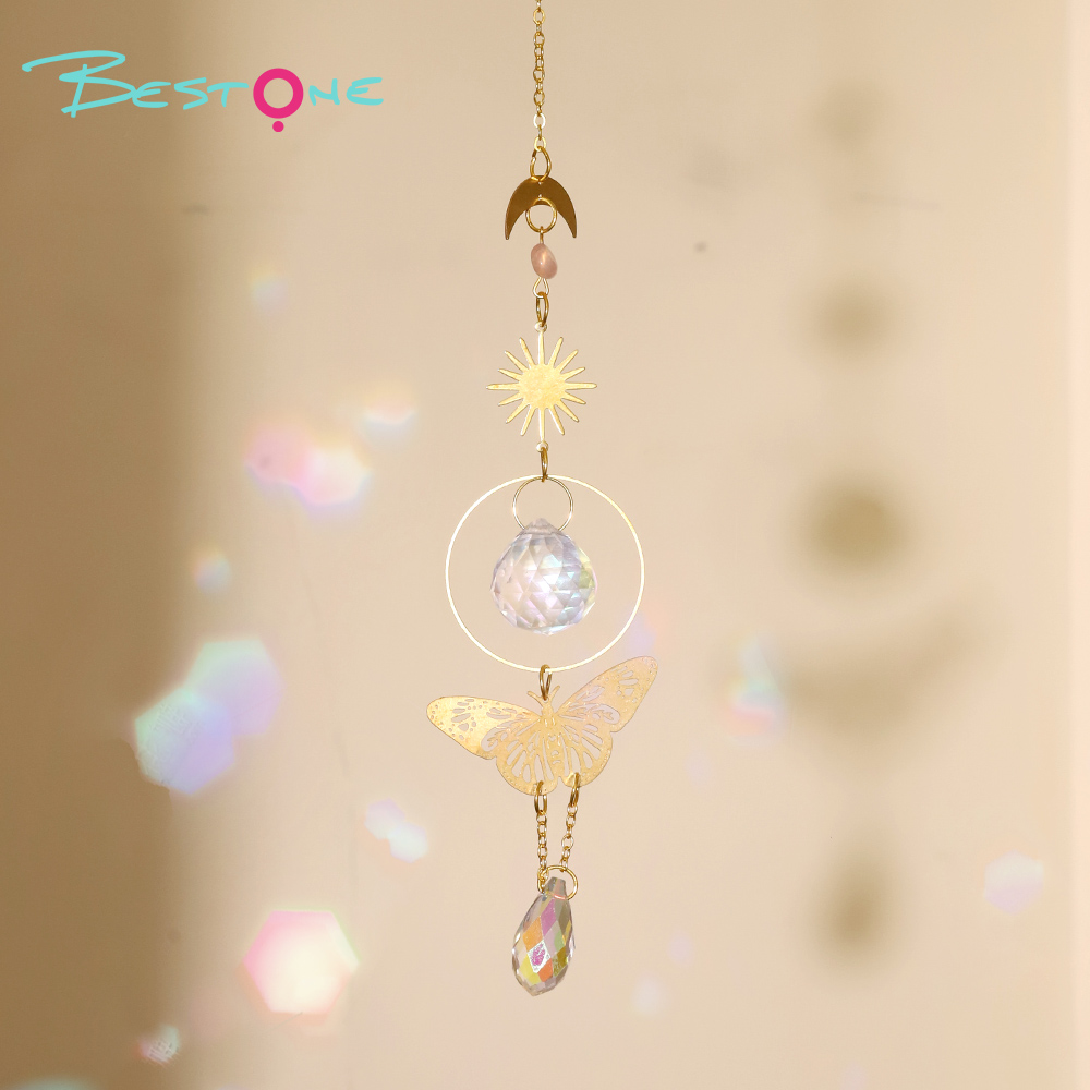 Boho Brass Wind Chime Pendant Dreamcatcher – Moon, Sun & Butterfly Design with Rose Quartz and Crystal Drops 36–46cm