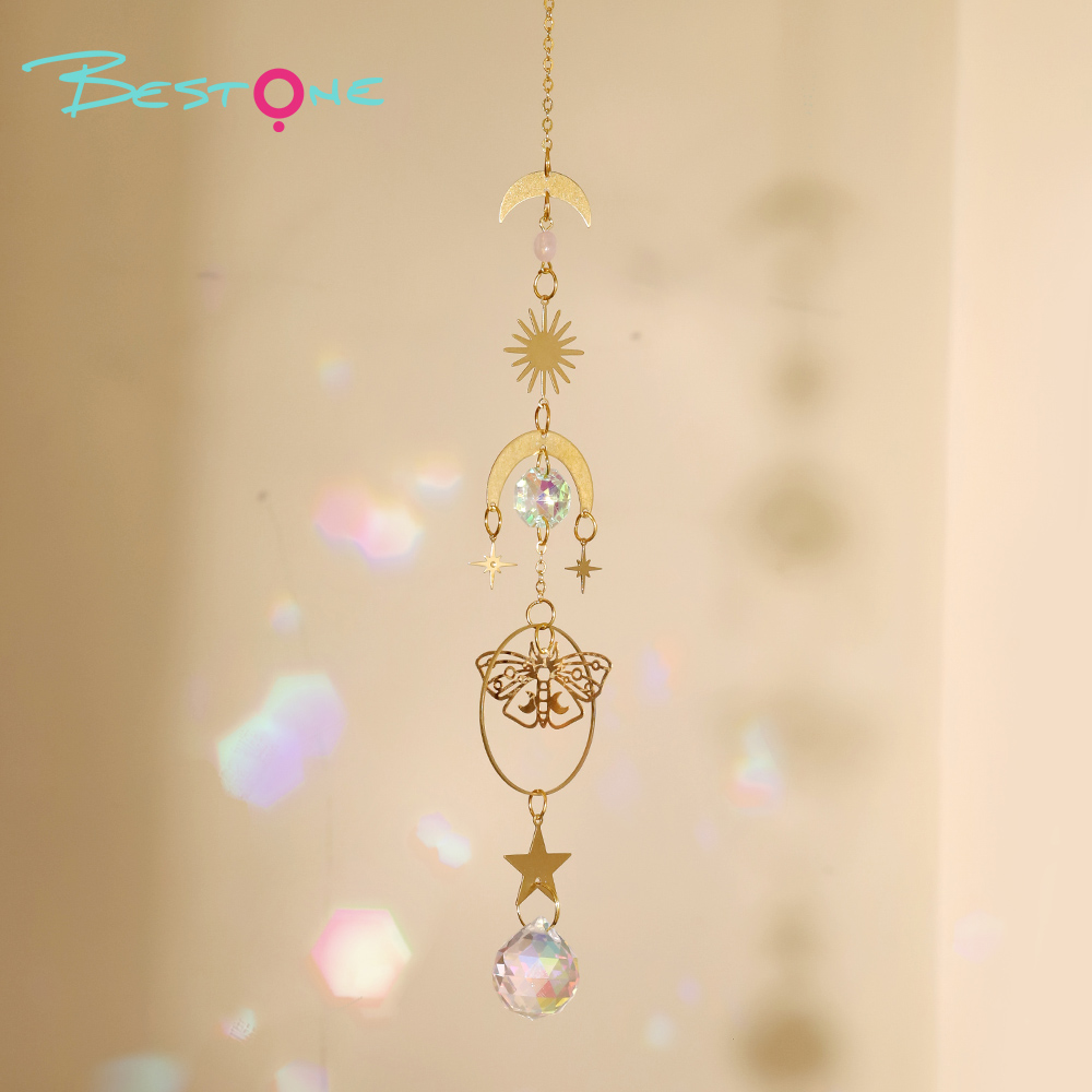Boho Brass Wind Chime Pendant Dreamcatcher – Moon, Sun & Butterfly Design with Rose Quartz and Crystal Drops 36–46cm