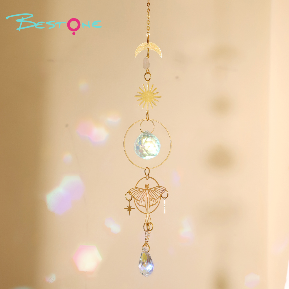 Boho Brass Wind Chime Pendant Dreamcatcher – Moon, Sun & Butterfly Design with Rose Quartz and Crystal Drops 36–46cm