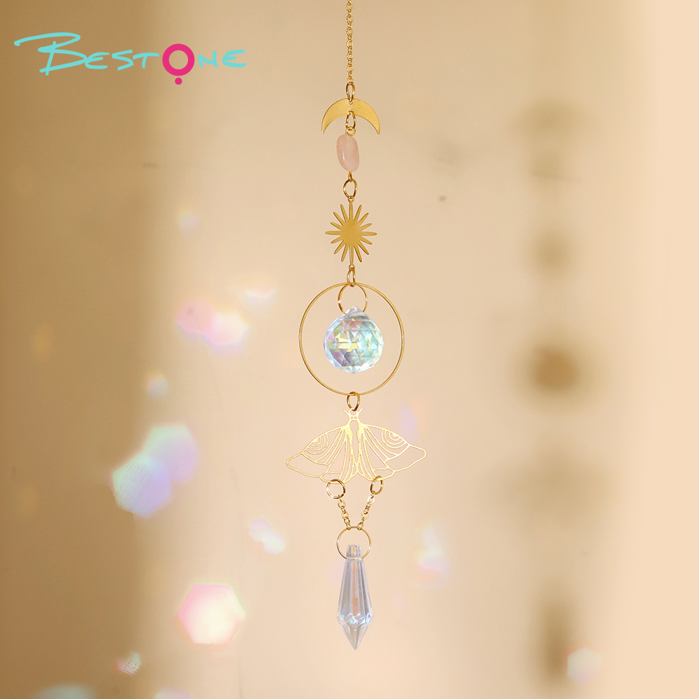 Boho Brass Wind Chime Pendant Dreamcatcher – Moon, Sun & Butterfly Design with Rose Quartz and Crystal Drops 36–46cm