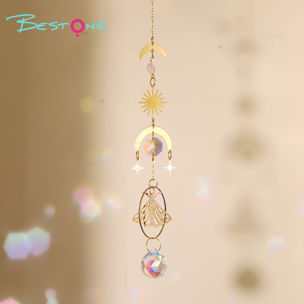Boho Brass Wind Chime Pendant Dreamcatcher – Moon, Sun & Butterfly Design with Rose Quartz and Crystal Drops 36–46cm