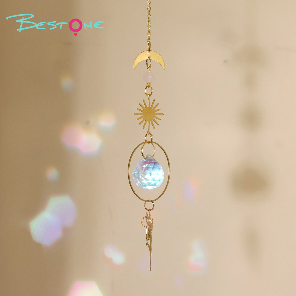 Boho Brass Wind Chime Pendant Dreamcatcher – Moon, Sun & Butterfly Design with Rose Quartz and Crystal Drops 36–46cm
