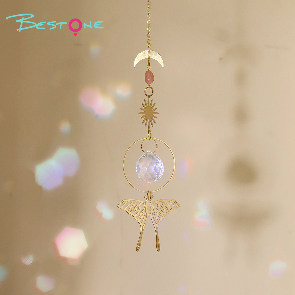Boho Brass Wind Chime Pendant Dreamcatcher – Moon, Sun & Butterfly Design with Rose Quartz and Crystal Drops 36–46cm
