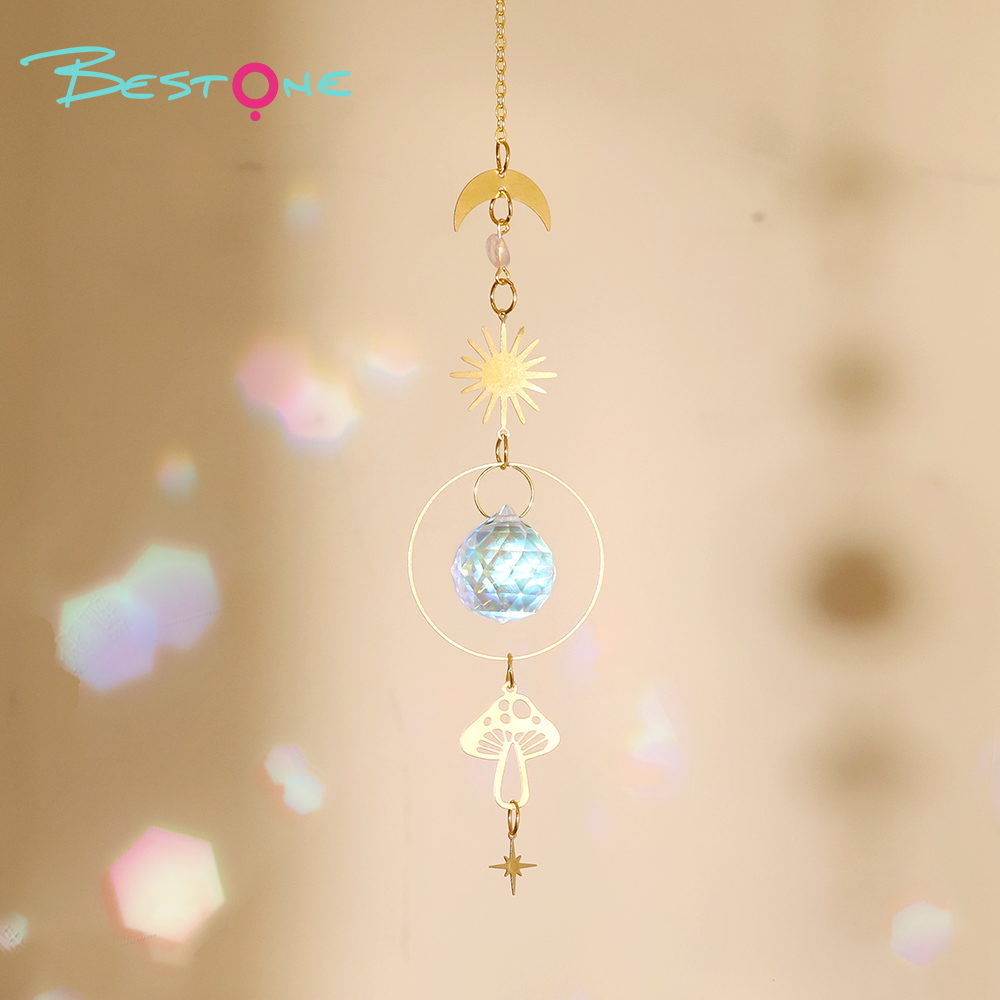 Boho Brass Wind Chime Pendant Dreamcatcher – Moon, Sun & Butterfly Design with Rose Quartz and Crystal Drops 36–46cm