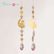 Boho Brass Wind Chime Dreamcatcher – Moon Cat / Mushroom Design with Crystal Drop | 44–46cm