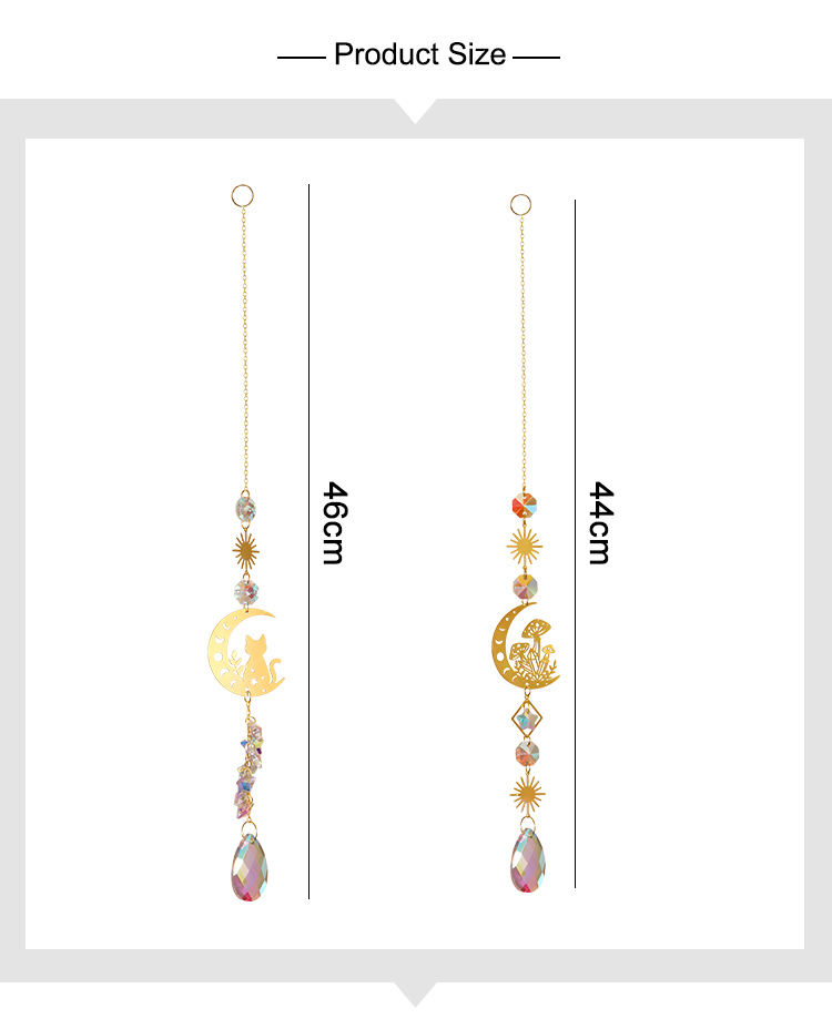 Boho Brass Wind Chime Dreamcatcher – Moon Cat / Mushroom Design with Crystal Drop | 44–46cm